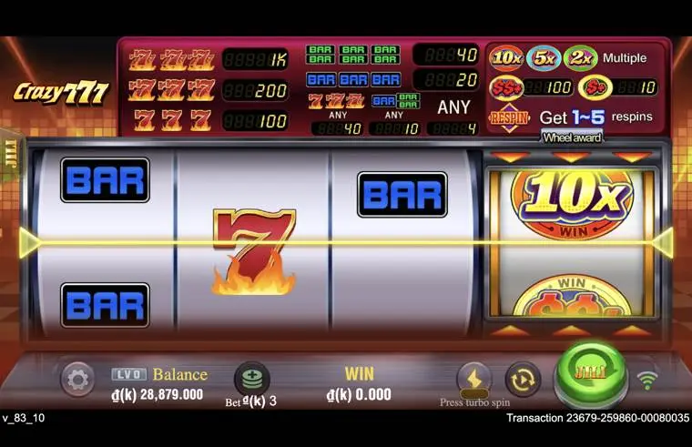 Ảnh bảng biểu tượng & tính năng game Crazy777 (slot JILI) chơi tại LC79